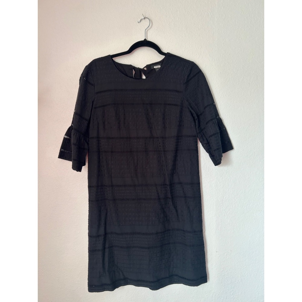 J Crew Eyelet Shift Dress Womens Size 4 Black Bell Flutter Sleeve Office Career